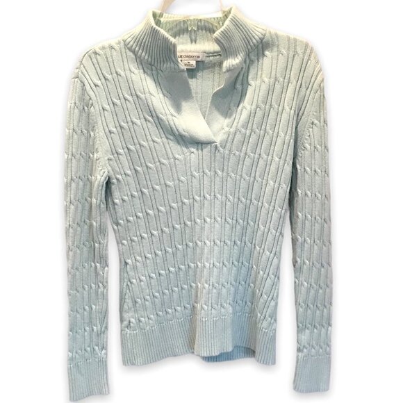 Liz Claiborne Vintage Sweater Cotton Cable Knit V-Neck Soft Turquoise Sz Medium - Picture 1 of 5